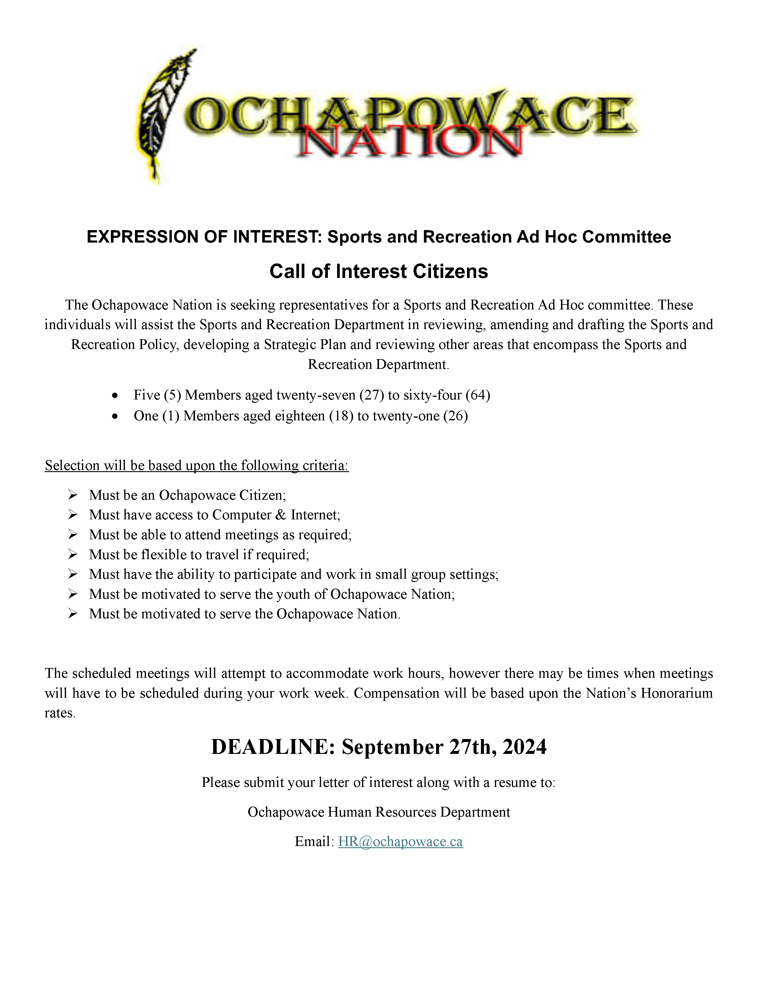 EXPRESSION OF INTEREST: Sports and Recreation Ad Hoc Committee « Ochapowace  Nation