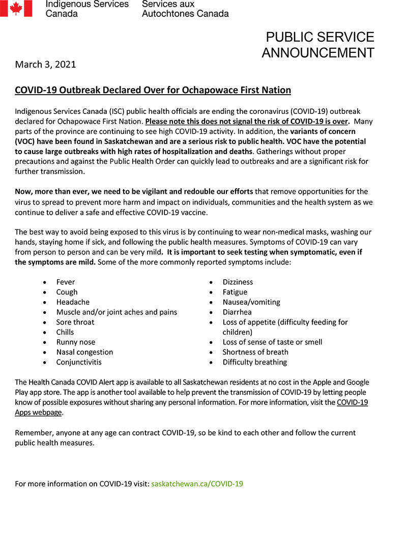 COVID-19 Outbreak Declared Over « Ochapowace Nation