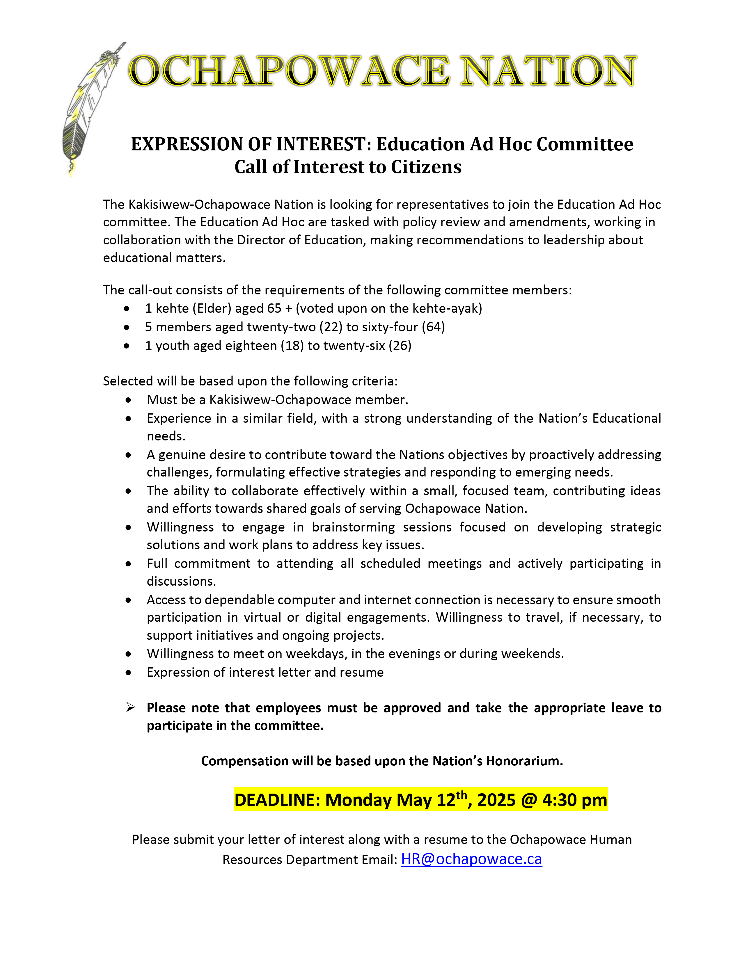 EXPRESSION OF INTEREST: Education Ad Hoc Committee Call of Interest «  Ochapowace Nation